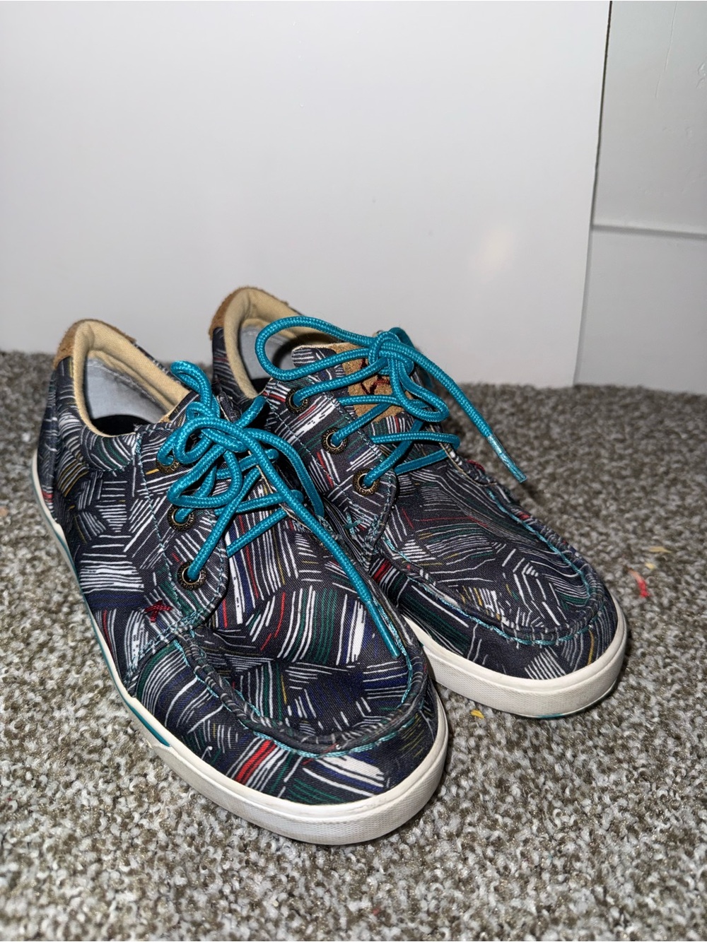 Twisted X Kids Navy Patterned Boat Shoes with Teal Laces